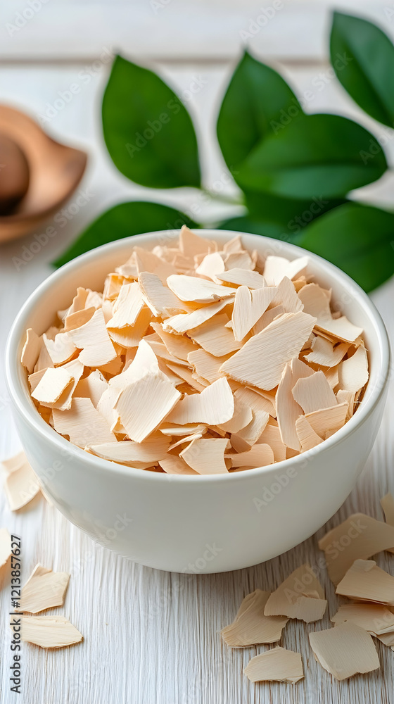 Dried Asian ginseng slices in bowl, wooden table, green leaves background. Health food supplement Dried Asian ginseng slices in bowl, wooden table, green leaves background. Health food supplement