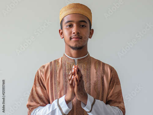 A portrait of a young Black African Muslim man wearing traditional Islamic attire, making an apologetic gesture with his hands, isolated white background photo