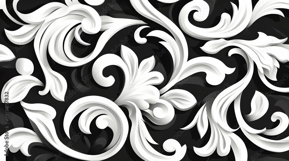Elegant white floral baroque pattern, dark background, 3D design, decorative wallpaper Elegant white floral baroque pattern, dark background, 3D design, decorative wallpaper