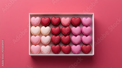 Colorful french macaroons in gift box on color background. Top view of various assorted flavors of classic French macarons in a gift box,almond cookies,Valentine's day sweet gift,holiday,celebration.