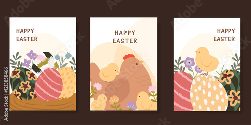 Happy Easter card vector set. Hand drawn playful vintage decorate with folk easter eggs, flowers, chick, chicken. Collection of adorable doodle design for decorative, cover, poster, kids.