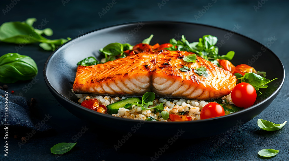 Grilled salmon with barley, vegetables, and herbs. Healthy food recipe Grilled salmon with barley, vegetables, and herbs. Healthy food recipe