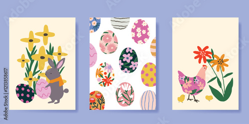 Happy Easter card vector set. Hand drawn playful vintage decorate with folk easter eggs, flowers, chicken, rabbit. Collection of adorable doodle design for decorative, cover, poster, kids.