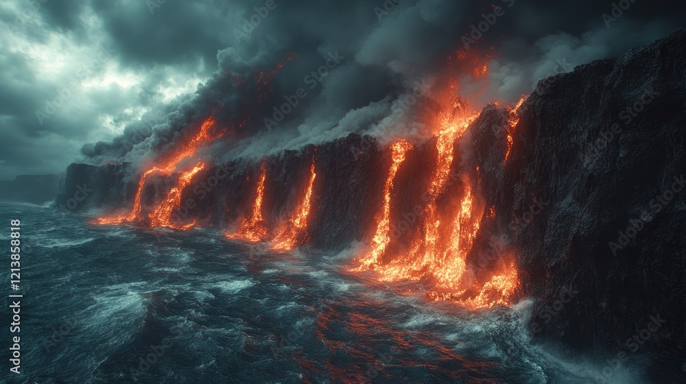 Fototapeta premium Fiery Lava Falls into Ocean: Dramatic Volcanic Eruption