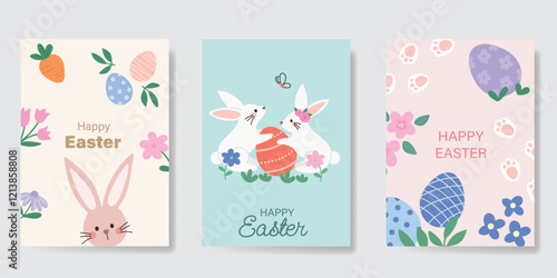 Happy Easter card vector set. Hand drawn playful cute decorate with easter eggs, flowers, rabbit. Collection of adorable doodle design for decorative, cover, poster, kids.