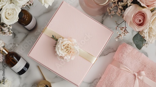Luxurious subscription box featuring aromatherapy oils, plush bath towels, and champagne, styled with a soft pink glow