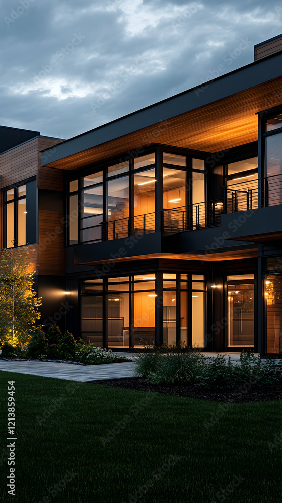 Modern office building exterior at dusk, landscaped grounds, interior lights visible. Use Real estate, architecture Modern office building exterior at dusk, landscaped grounds, interior lights visible. Use Real estate, architecture