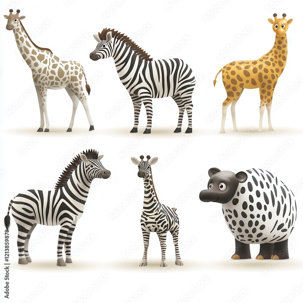 Obraz premium Playful Stylized Giraffe and Zebra Illustrations Collection for Children's Book, Print, or Web Design