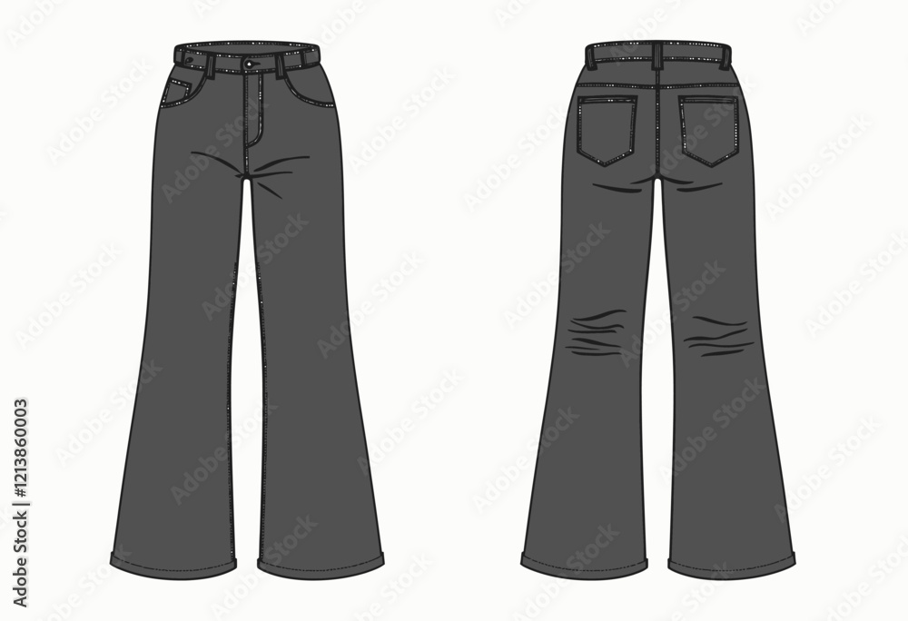 Unisex Wide Leg Pants Template: A Technical Fashion Flat Illustration of Wide-Legged Pants with Elastic Waist, Zipper, Pockets, Grey Denim, Front and Back Views, on a White Background.
Unisex Wide Leg Pants Template: A Technical Fashion Flat Illustration of Wide-Legged Pants with Elastic Waist, Zipper, Pockets, Grey Denim, Front and Back Views, on a White Background.