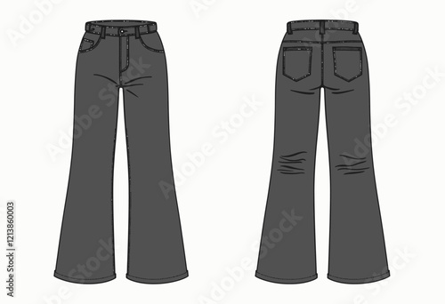 Unisex Wide Leg Pants Template: A Technical Fashion Flat Illustration of Wide-Legged Pants with Elastic Waist, Zipper, Pockets, Grey Denim, Front and Back Views, on a White Background.

