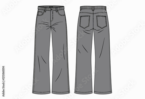 Wide Leg Denim Pants Template: A Technical Flat Sketch of Wide-Legged Denim Pants with Elastic Waist, Zipper, Pockets, Front and Back Views, in Grey, Unisex, CAD Mockup on White.

