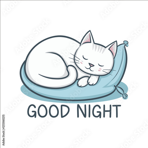 A cartoon cat is sleeping on a pillow with the words "Good Night" written below it. The image has a cute and playful mood, suggesting that the cat is enjoying a peaceful and relaxing night's sleep