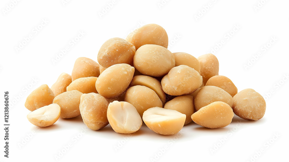 Shelled macadamia nuts pile, close-up, white background, food photography, ingredient Shelled macadamia nuts pile, close-up, white background, food photography, ingredient