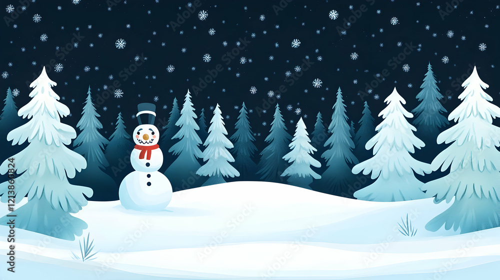 Fototapeta premium Snowman in snowy forest at night, winter holiday greeting card