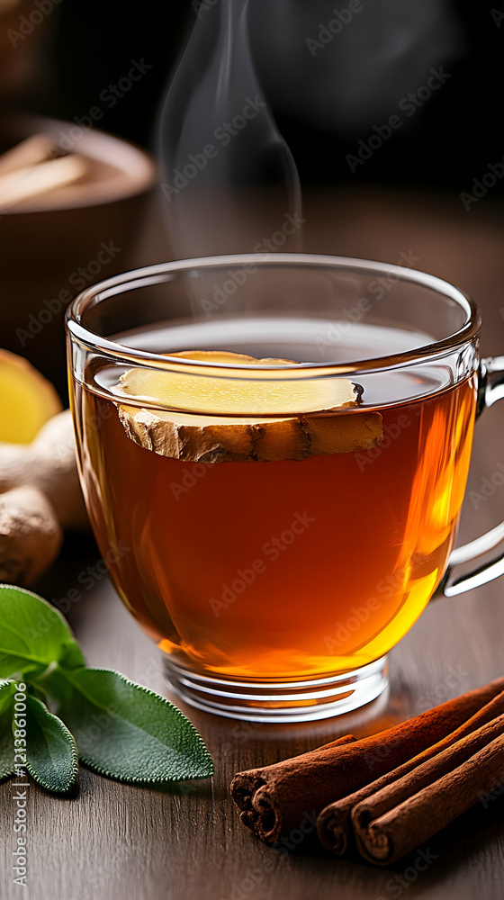 Steaming ginger tea cup, cinnamon, and mint leaves on wooden table, warm drink background Steaming ginger tea cup, cinnamon, and mint leaves on wooden table, warm drink background
