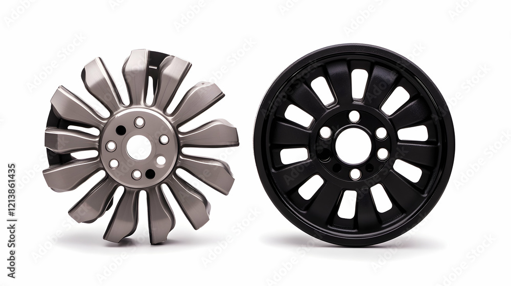 Fototapeta premium Two classic car wheels, silver and black, on white background; ideal for automotive parts catalogs