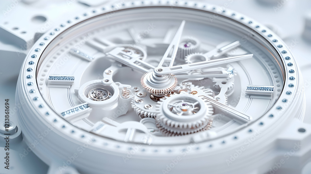 White luxury watch mechanism detail; intricate gears, precision engineering; close-up studio shot; for marketing White luxury watch mechanism detail; intricate gears, precision engineering; close-up studio shot; for marketing