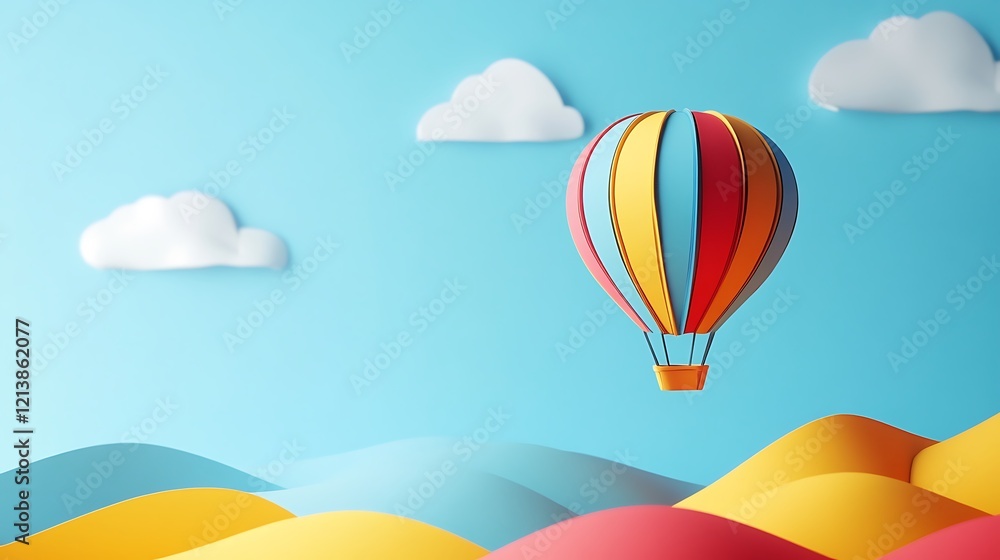 Fototapeta premium A papercraft hot air balloon floating above paper hills with detailed folds in the fabric, with the space for text.