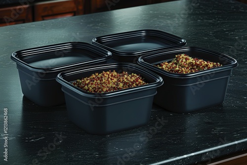 Four black food containers filled with a grainy mixture are neatly arranged on a dark countertop, highlighting a practical kitchen storage solution. photo