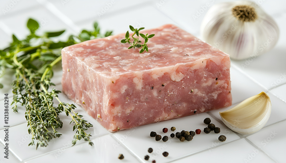 Fresh raw ground meat, peppercorns, garlic and thyme on white tiled table, closeup Fresh raw ground meat, peppercorns, garlic and thyme on white tiled table, closeup