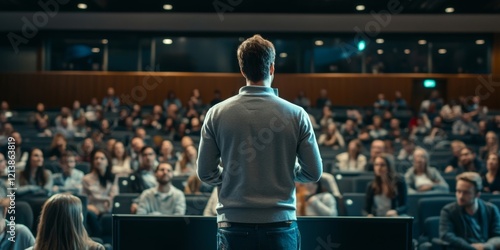 Female speaker giving presentation in lecture hall at university workshop. Audience in conference hall. Rear view of unrecognized participant in audience. Scientific conference event., Generative AI
