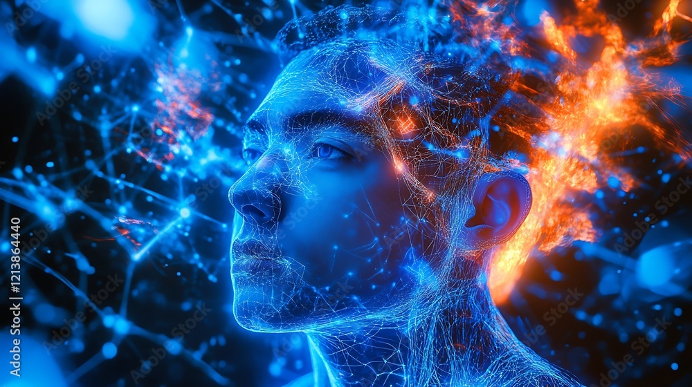 Cybernetic human surrounded by vibrant blue and orange digital energy in a futuristic realm Cybernetic human surrounded by vibrant blue and orange digital energy in a futuristic realm