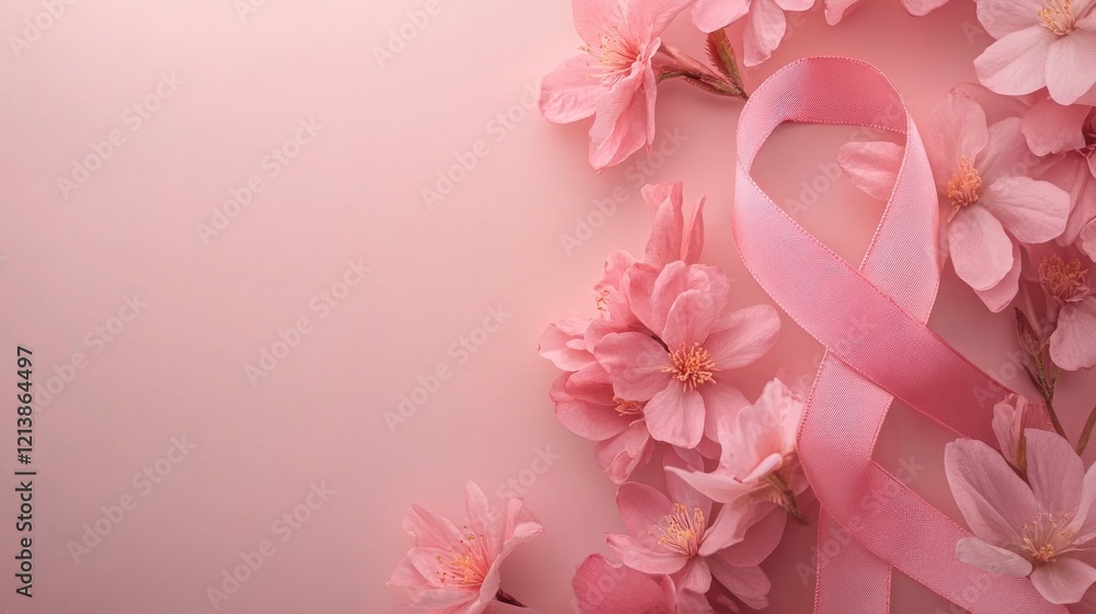 Naklejka premium Pink ribbon, cherry blossoms, pastel background, awareness campaign