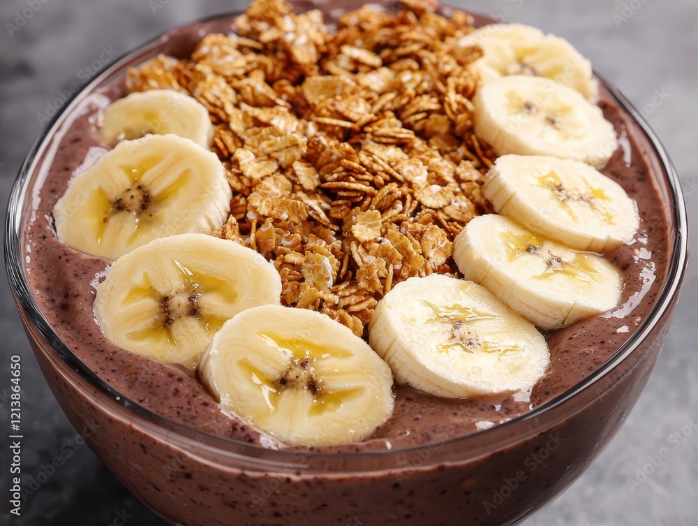 A smoothie bowl topped with granola and banana slices. Healthy breakfast bowl recipe. A smoothie bowl topped with granola and banana slices. Healthy breakfast bowl recipe.