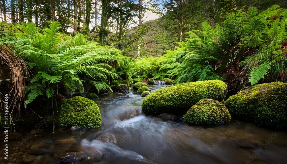 Serene Forest Stream Landscape with Mossy Rocks and Ferns Serene Forest Stream Landscape with Mossy Rocks and Ferns