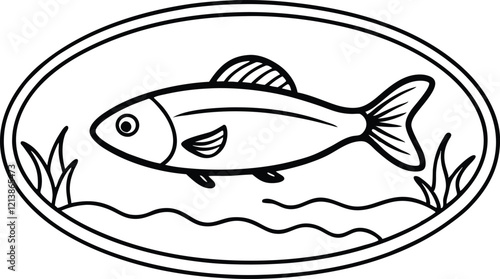 Oval Frame Fish Aquatic Nature Line Art Simple Design Illustration