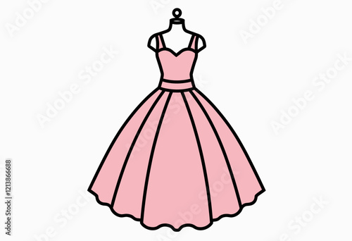 Pink Floral Gown Icon: A Wedding Dress Icon Filled with Pastel Pink and Basic Floral Color, Featuring a Solid Black Outline, Shown on a Pure White Background for Bridal Applications.

