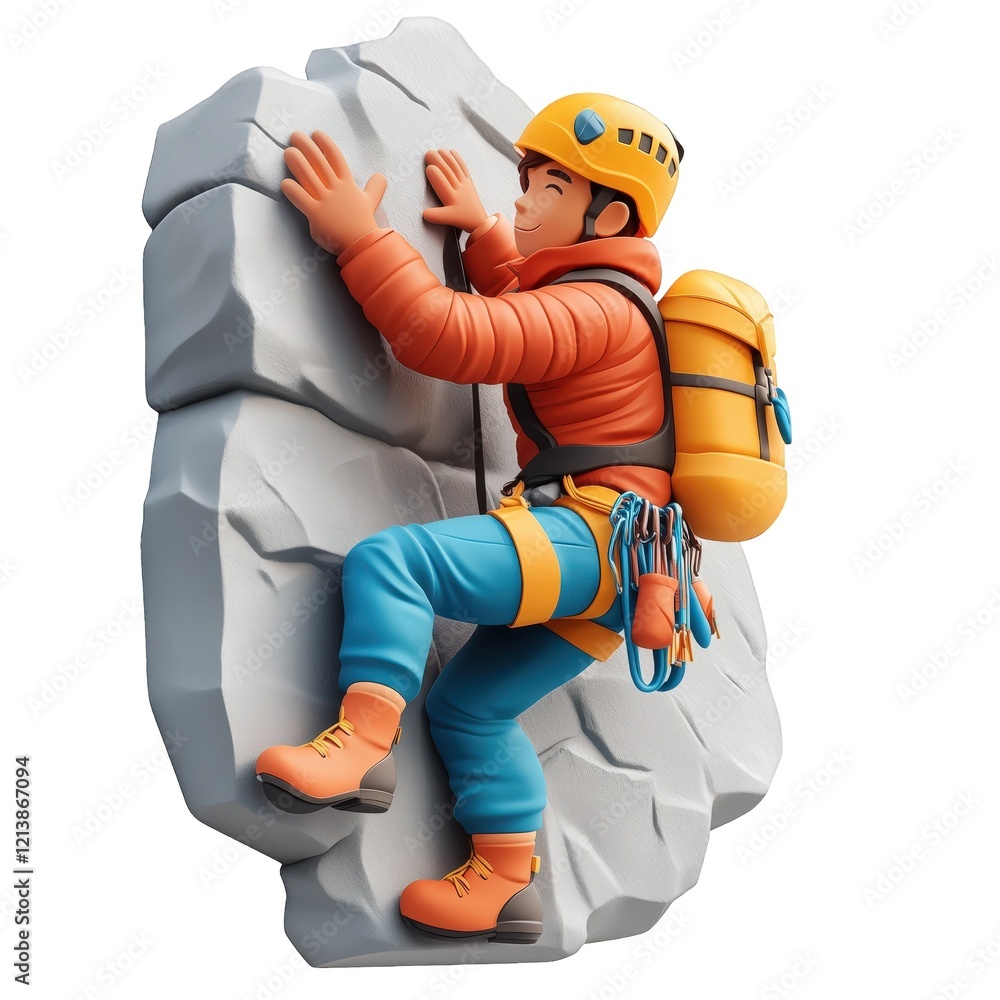 Cartoon rock climber scaling stylized cliff face, 3d sport icon with transparent background, ideal for seamless graphic design integration Cartoon rock climber scaling stylized cliff face, 3d sport icon with transparent background, ideal for seamless graphic design integration