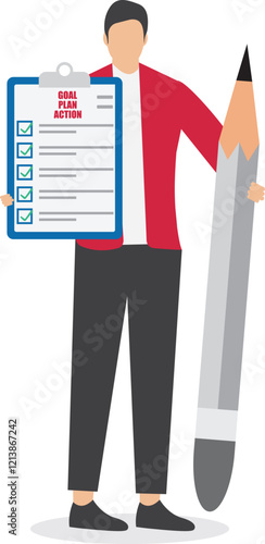 Goal plan and action, process flow or strategy for career improvement, business plan to reach success, increase efficiency or productivity, businessman holding pencil with Goal, Plan, action checklist