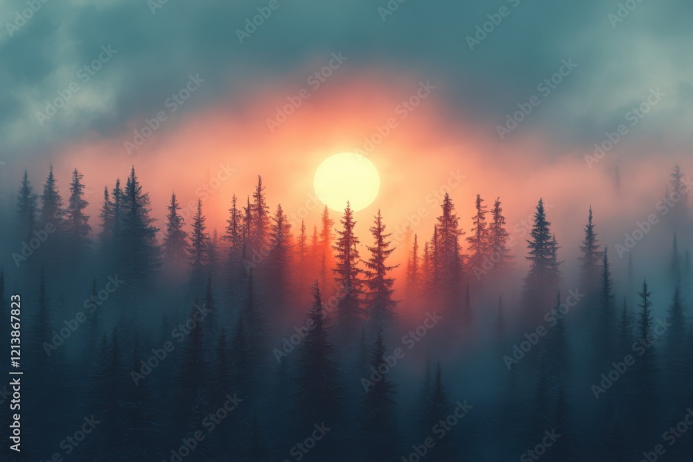 Naklejka premium Muted hues, a dramatic mood, and the silhouette of pine trees against a hazy sky at sunset. Generative Ai