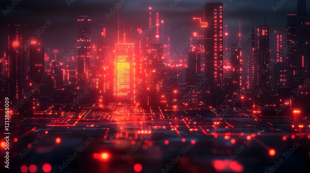 Obraz premium Futuristic Cityscape at Night with Vivid Neon Lights and Dramatic Architectural Structures