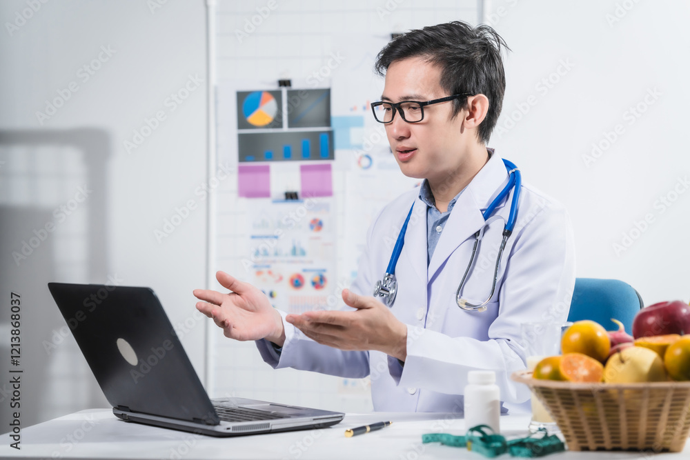 A male nutritionist working at a hospital desk, holding an apple and mixed fruit, offering care, health advice, weight loss guidance, and eating tips online for patients seeking nutrition support A male nutritionist working at a hospital desk, holding an apple and mixed fruit, offering care, health advice, weight loss guidance, and eating tips online for patients seeking nutrition support
