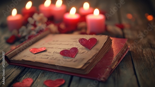 Romantic close-up of a handmade scrapbook filled with valentine's memories, glowing candles in the background
