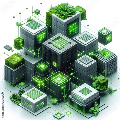 Futuristic Modular Green City with Geometric Shapes and Digital Technology Landscape