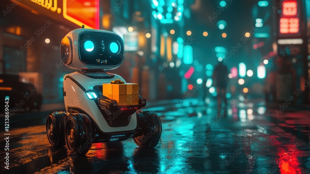 Robot delivering package, city night, neon lights, rain Robot delivering package, city night, neon lights, rain