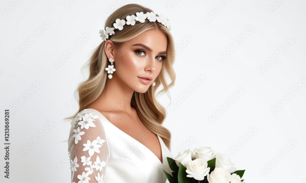 Elegant bride in floral headband holding white roses on her wedding day Elegant bride in floral headband holding white roses on her wedding day