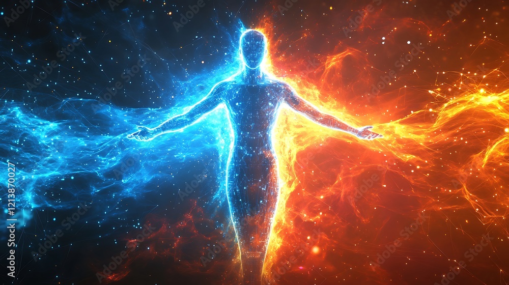 Naklejka premium Futuristic human glowing with blue and orange energy in a cybernetic universe