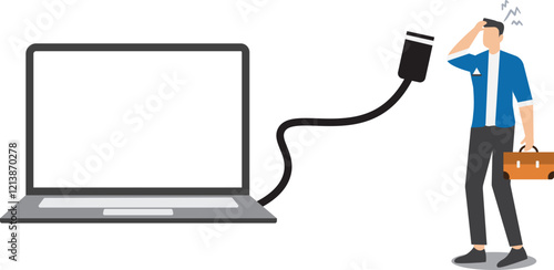 Lost connection, system error or broken page, Disconnected wires from the outlet, 404 error page not found on website, server problems or loss of signal, confused businessman with disconnected cable