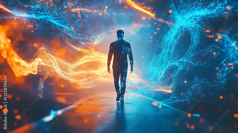 Digital human surrounded by flowing blue and orange energy in a digital cybernetic realm Digital human surrounded by flowing blue and orange energy in a digital cybernetic realm