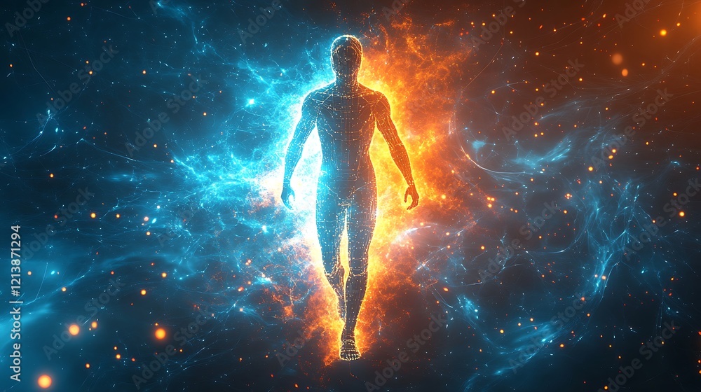 Naklejka premium Digital human in a futuristic cybernetic space glowing with vibrant blue and orange energy
