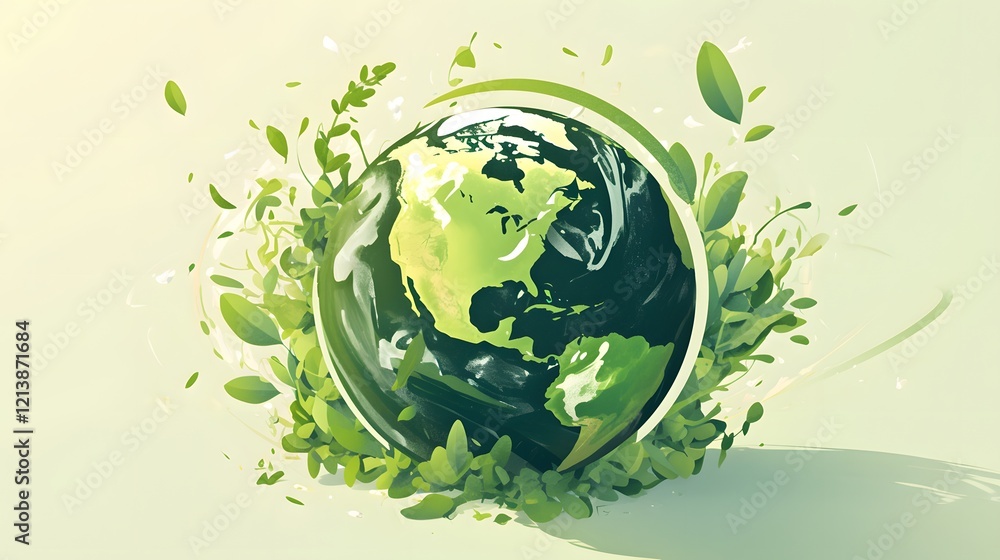 Green planet Earth with leaves, representing environmental care and sustainability