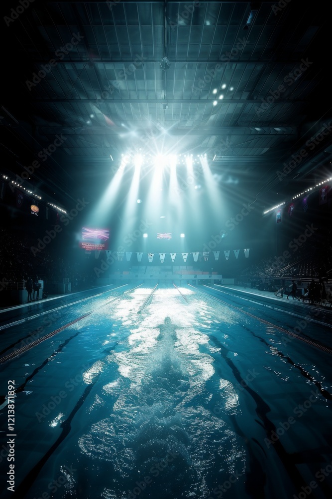 Fototapeta premium Olympic swimming pool. Interior swimming pool, stadium, event, indoor. Brightly lit, fresh water. 