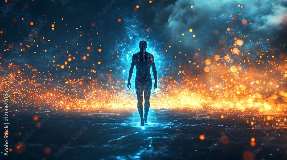 Futuristic digital human standing amidst radiant blue and orange energy in a cybernetic realm Futuristic digital human standing amidst radiant blue and orange energy in a cybernetic realm