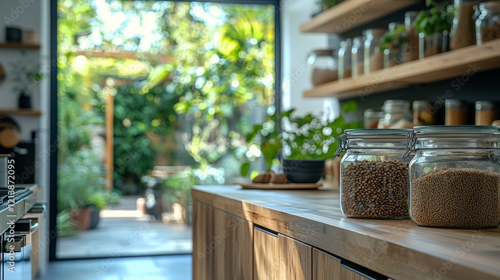 Bright and Modern Kitchen with Glass Jars and Garden View Bright and Modern Kitchen with Glass Jars and Garden View