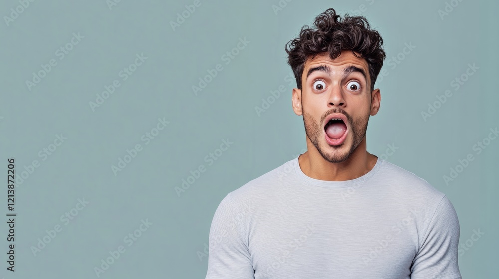 Man with a surprised expression on his face. He is wearing a white shirt and has a beard Man with a surprised expression on his face. He is wearing a white shirt and has a beard