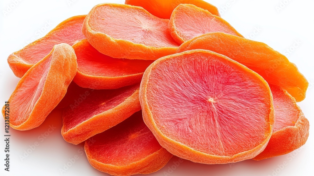 Pile of orange slices on a white background. The slices are cut in half and are arranged in a stack Pile of orange slices on a white background. The slices are cut in half and are arranged in a stack
